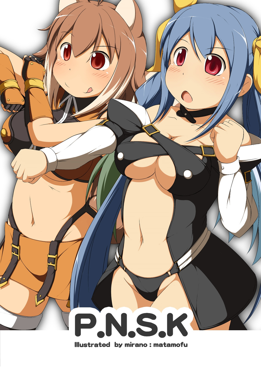 :q animal_ears artist_name bare_shoulders blazblue blue_hair blush breasts brown_hair choker crossover dizzy fingerless_gloves gloves guilty_gear hair_ribbon highres large_breasts long_hair makoto_nanaya mirano multiple_girls navel open_mouth orange_skirt red_eyes revealing_clothes ribbon short_hair skirt squirrel_ears tongue tongue_out underboob white_background
