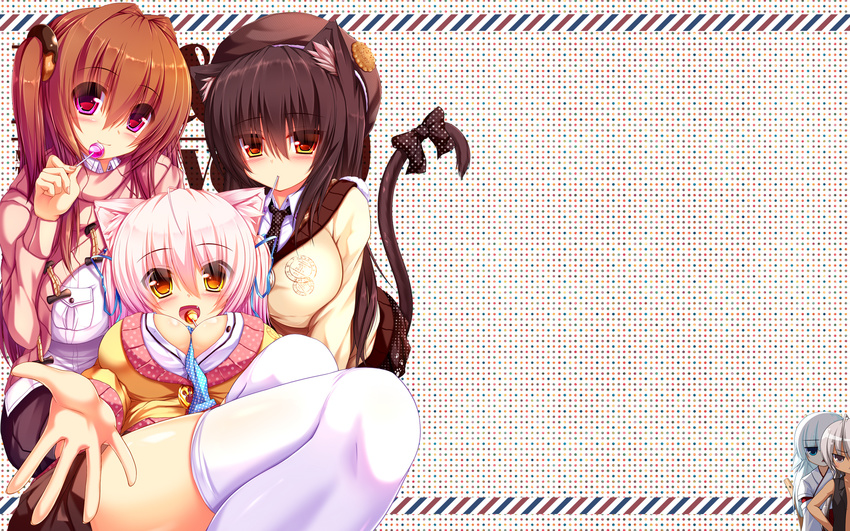 animal_ears bow breasts brown_hair candy cassini_m_bisuko cat_ears cat_tail food hat highres large_breasts lollipop long_hair looking_at_viewer mia_flatpaddy multiple_girls orange_eyes original pink_hair purple_eyes shia_flatpaddy syroh tail thighhighs wallpaper white_legwear widescreen