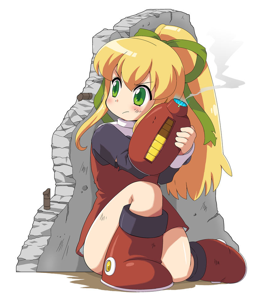 arm_cannon blonde_hair boots commentary_request dress full_body green_eyes gun hair_ribbon highres ki_(adotadot) long_hair looking_away one_knee ponytail red_skirt ribbon rockman rockman_(classic) roll serious simple_background skirt smoke smoking_gun solo torn_clothes weapon white_background