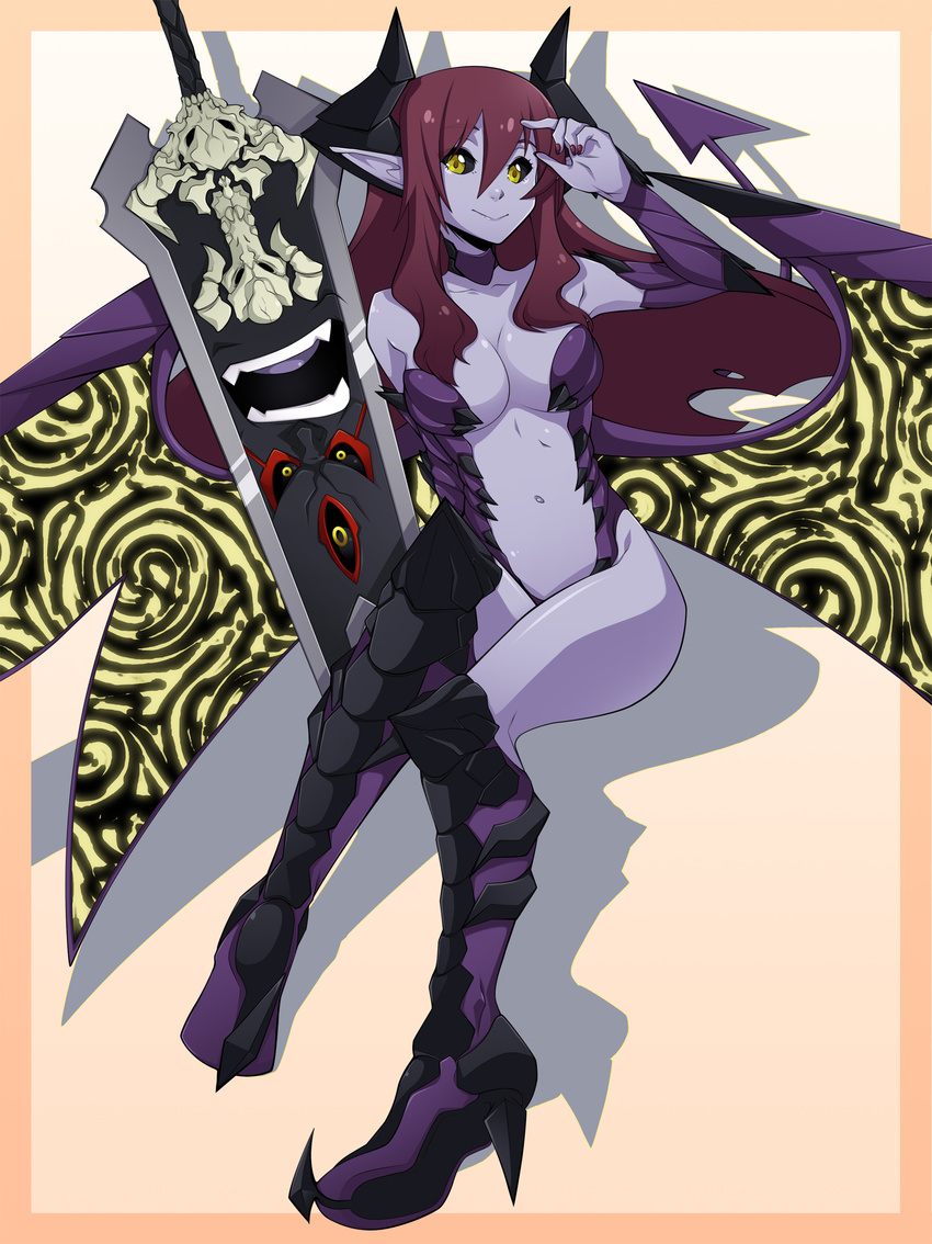 black_sclera boots breasts center_opening choker cleavage colorized demon_girl demon_horns demon_tail detached_sleeves fearless_night hell_princess high_heel_boots high_heels highres horns knee_boots low_wings medium_breasts navel pigeon-toed pointy_ears purple_skin red_hair smile spike_wible sword tail weapon wings yellow_eyes