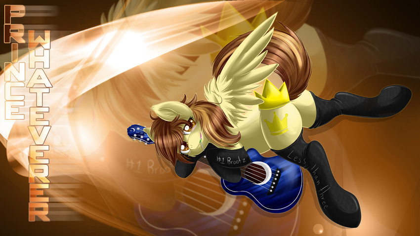 2013 amber_eyes brown_hair butt candy crown cutie_mark elbow_gloves equine fur gloves guitar hair horse knifeh legwear lollipop long_hair looking_at_viewer male mammal my_little_pony pegasus pony smile solo stockings wallpaper wings yellow_fur