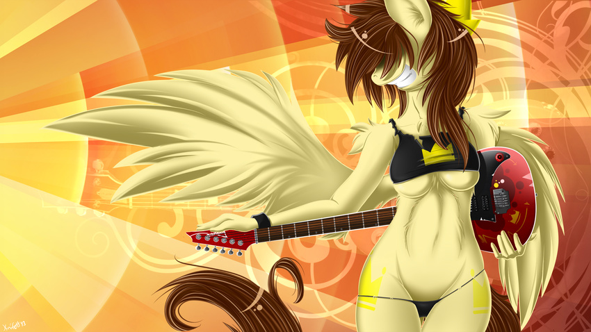 abstract_background breasts brown_hair clothed clothing cutie_mark equine feathers female fur guitar hair hi_res horse knifeh long_hair mammal my_little_pony panties pegasus pony skimpy smile solo teeth under_boob underwear wallpaper wings yellow_feathers yellow_fur