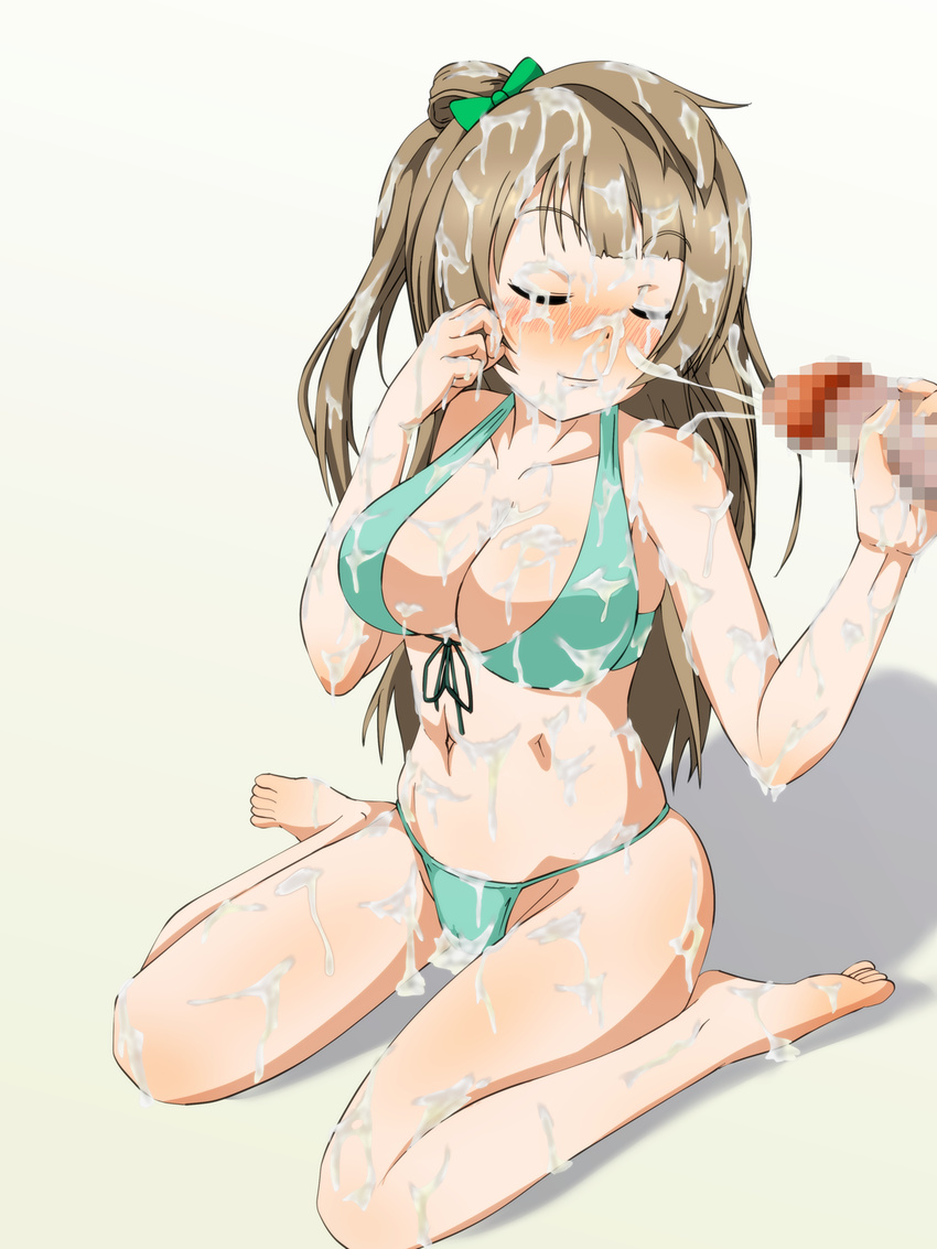 1girl bare_shoulders barefoot bikini blush breasts brown_hair censored cleavage cum cum_on_body cum_on_breasts cum_on_hair cum_on_lower_body cum_on_upper_body ejaculation eyes_closed facial feet handjob happy highres large_breasts legs long_hair love_live!_school_idol_project minami_kotori navel open_mouth penis simple_background sitting smile swimsuit thighs toes white_background