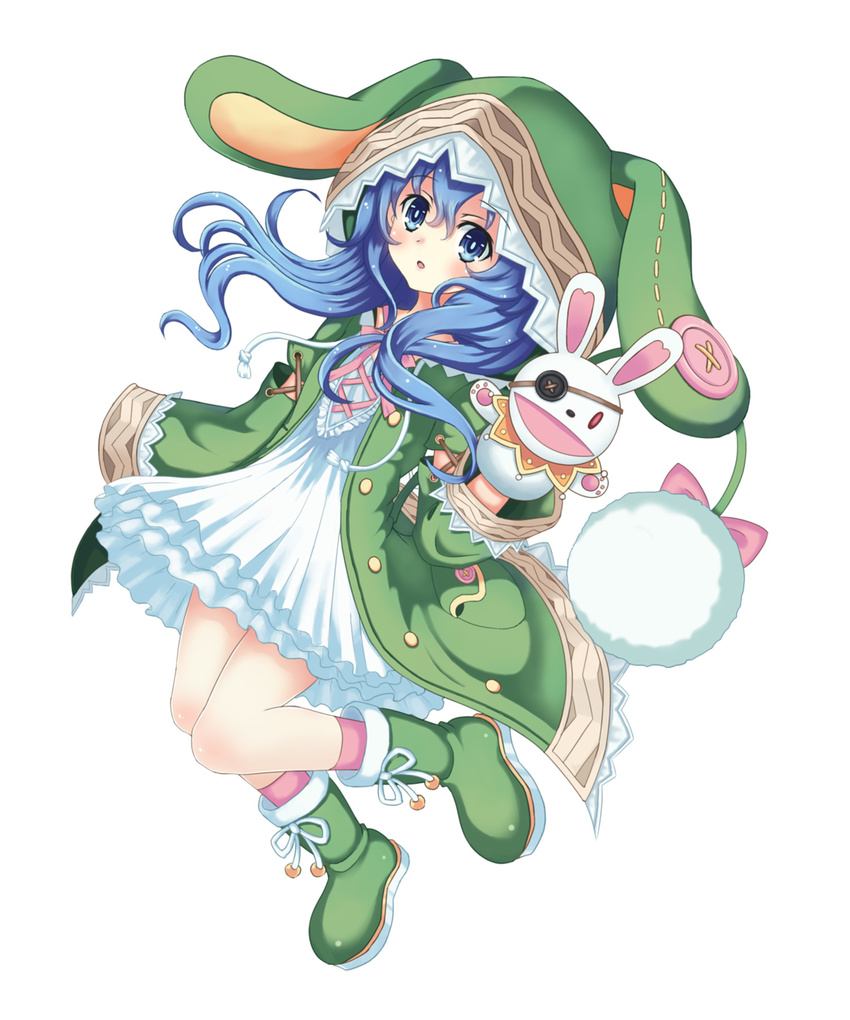 animal_ears animal_hood blue_eyes blue_hair boots bunny bunny_ears coat date_a_live eyepatch fukuro_ko_(greentea) green_footwear hand_puppet highres hood long_hair looking_at_viewer open_mouth puppet solo stuffed_animal stuffed_bunny stuffed_toy white_background yoshino_(date_a_live) yoshinon