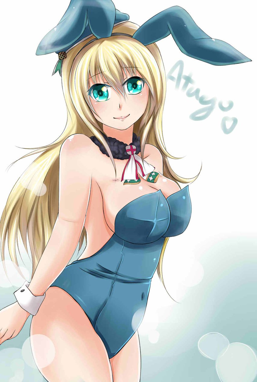 adapted_costume animal_ears atago_(kantai_collection) blonde_hair blue_leotard bow bowtie breasts bunny_ears bunnysuit character_name cleavage dekataros detached_collar fake_animal_ears green_eyes hat highres kantai_collection large_breasts leotard lips long_hair smile solo wrist_cuffs