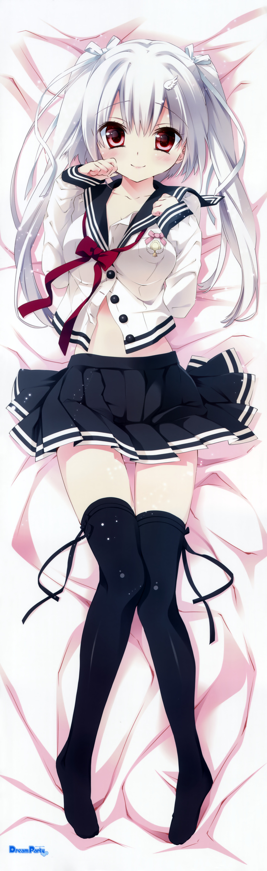 absurdres bangs black_legwear blush bow breasts collarbone dakimakura dreamparty full_body grey_hair hair_bow hair_ornament hair_ribbon highres huge_filesize kamiya_maneki knees_together_feet_apart legs long_hair long_sleeves looking_at_viewer lying medium_breasts midriff on_back original pink_eyes pleated_skirt ribbon school_uniform serafuku skirt smile solo tareme thigh_gap thighhighs twintails unbuttoned zettai_ryouiki