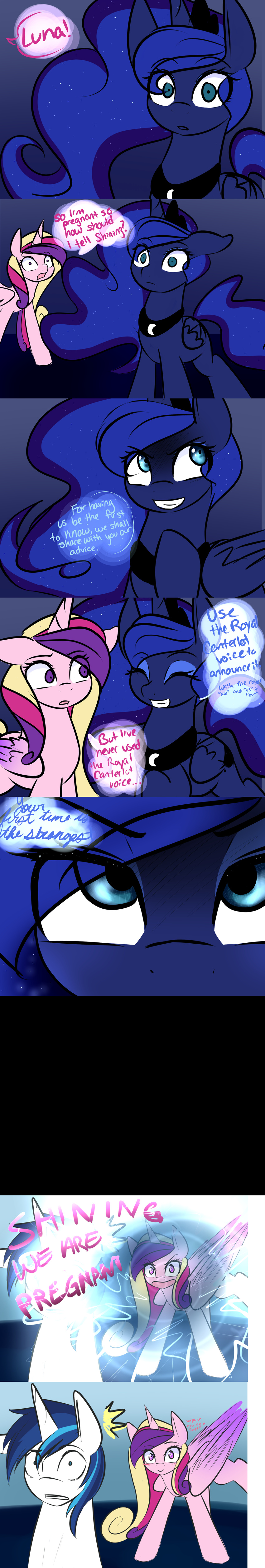 blue_eyes blue_fur blush comic crown equine eyes_closed eyeshadow female friendship_is_magic fur grin hair horn horse makeup male mammal multi-colored_hair my_little_pony pink_fur pony pregnant princess_cadance_(mlp) princess_luna_(mlp) purple_eyes shining_armor_(mlp) sugarberry3693 tiara two_tone_hair white_fur winged_unicorn wings