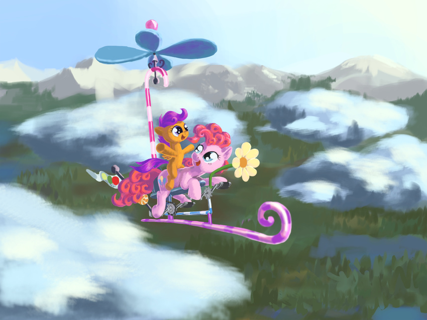 blue_eyes cannibalus cloud cutie_mark equine female flower flying forest friendship_is_magic horse lake mammal mountain my_little_pony outside pinkie_pie_(mlp) pony propeller purple_eyes scootaloo_(mlp) sky tree water