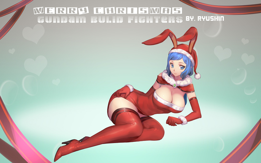 animal_ears blue_eyes blue_hair blush boots breasts bunny_ears christmas elbow_gloves gloves gundam gundam_build_fighters hat heart highres iori_rinko large_breasts long_hair looking_at_viewer mature red_gloves ryushin santa_hat smile solo thigh_boots thighhighs zettai_ryouiki