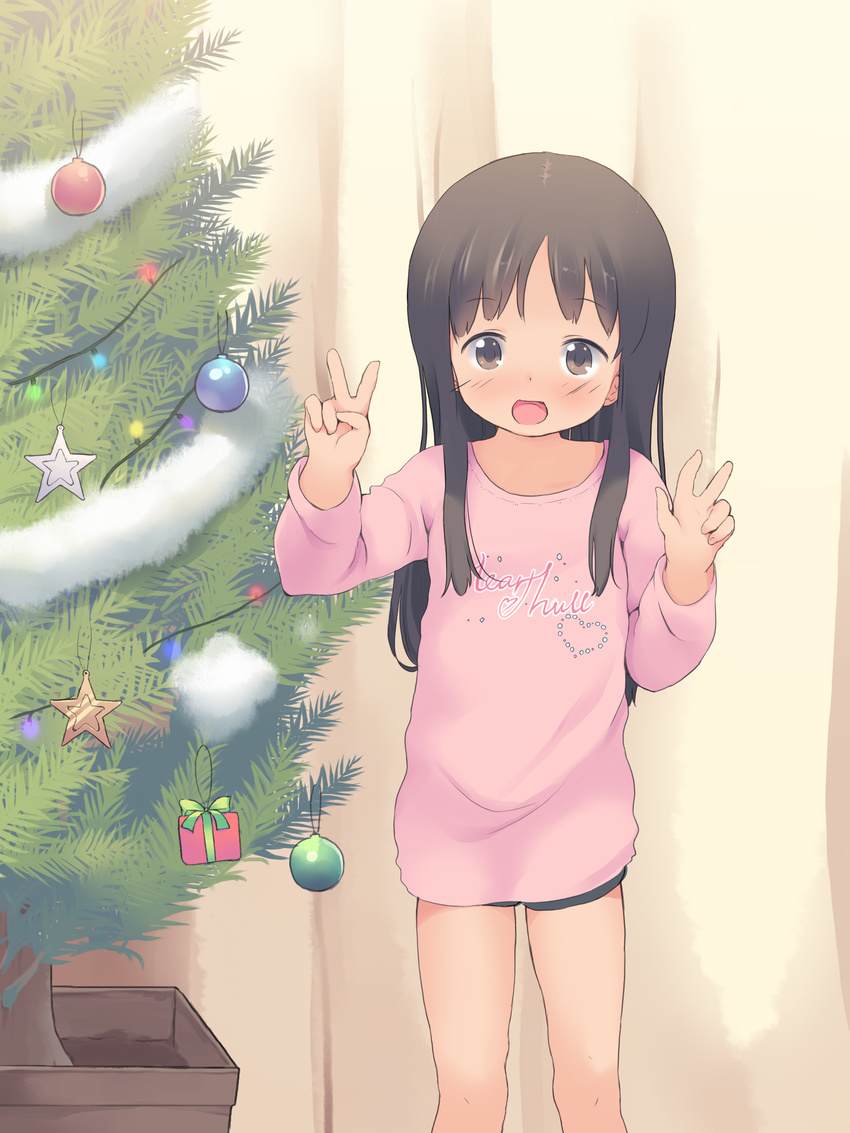 :d absurdres anyannko black_hair blush brown_eyes christmas christmas_tree clothes_writing cursive double_v english highres long_hair open_mouth original smile solo v