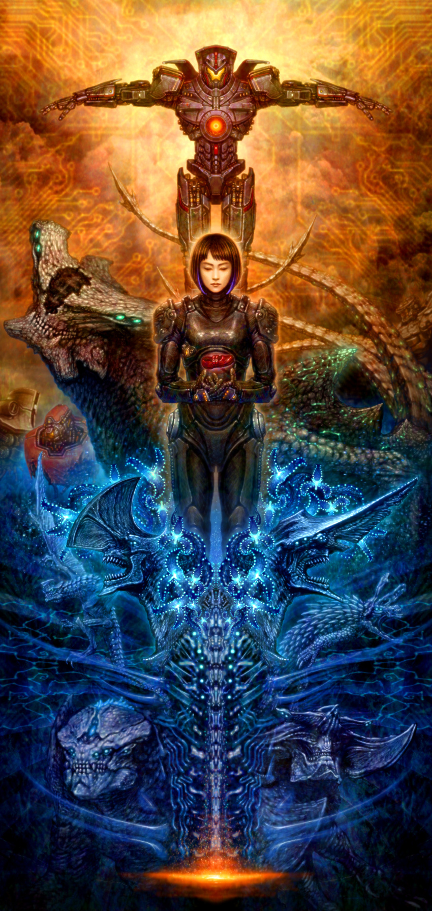 alien armor bob_cut cherno_alpha circuit closed_eyes commentary_request crimson_typhoon drivesuit epic fangs gipsy_danger highres holding kaijuu katou_yuu knifehead leatherback looking_at_viewer mako_mori mecha monster multicolored_hair mural mutavore otachi pacific_rim parody realistic science_fiction scunner shoes slattern streaked_hair striker_eureka tail