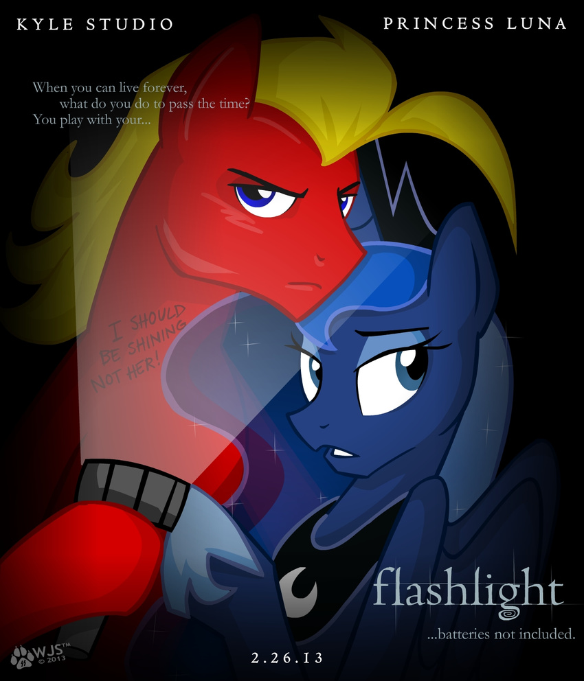 black_background blonde_hair blue_eyes blush couple duo english_text equine eyeshadow female flashlight friendship_is_magic hair horn horse makeup male mammal movie_poster my_little_pony original_character parody plain_background pony princess_luna_(mlp) sparkles text translucent_hair transparent_hair twilight winged_unicorn wings wolfjedisamuel