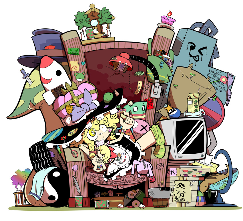 1girl alcohol altar bag ball beer_can bishamonten's_pagoda blonde_hair book bottle bow box bra broom can candle candy cardboard_box cd chain chair charm_(object) crown cue_ball food globe hat hat_bow henohenomoheji highres jewelry key kirisame_marisa knife kuchibashi_(9180) lamp lollipop math milk_carton mimi-chan mushroom pentagram quill ring sake scroll shanghai_doll sign sitting socks solo star sticker sticky_note stop_sign stuffed_animal stuffed_bunny stuffed_toy swirl_lollipop tattoo television test_tube test_tube_rack tire tissue tissue_box tokkuri top_hat touhou towel tsuchinoko underwear wind_chime witch_hat yin_yang zipper