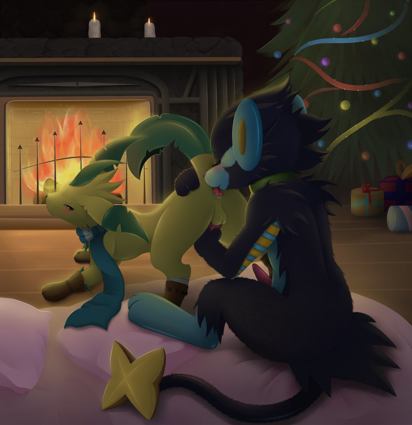 all_fours anal anus ass_up balls barefoot big big_ears big_feet black_fur blue_fur blush boots brown_nose butt candle canine christmas christmas_tree cute duo eeveelution erection feral feral_on_feral fire fireplace footwear fur gay glowing half-closed_eyes handjob happy hi_res holidays kingatrandom leaf leafeon licking long_ears looking_back luxray male mammal meraence nintendo nude oral ornament penis pillow pink_nose pink_penis plant pok&#233;mon pok&eacute;mon raised_leg rimming scarf sex shadow shiny shoes sitting smile stone tongue tree video_games wood yellow_eyes yellow_fur