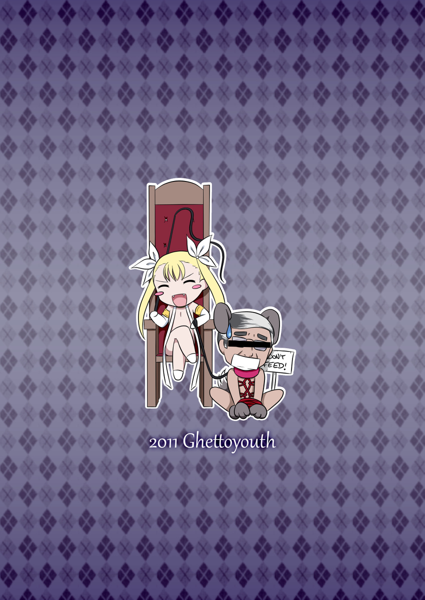 1girl 2011 :d animal_ears artist_name back_cover bar_censor bdsm blonde_hair blush_stickers bondage bound censored chair character_request chibi closed_eyes collar comic cover crossed_legs dance_in_the_vampire_bund dated dog_ears english fangs femdom ghettoyouth glasses hair_ribbon highres identity_censor leash mina_tepes open_mouth outline ribbon shibari sign sitting smile sweatdrop twintails