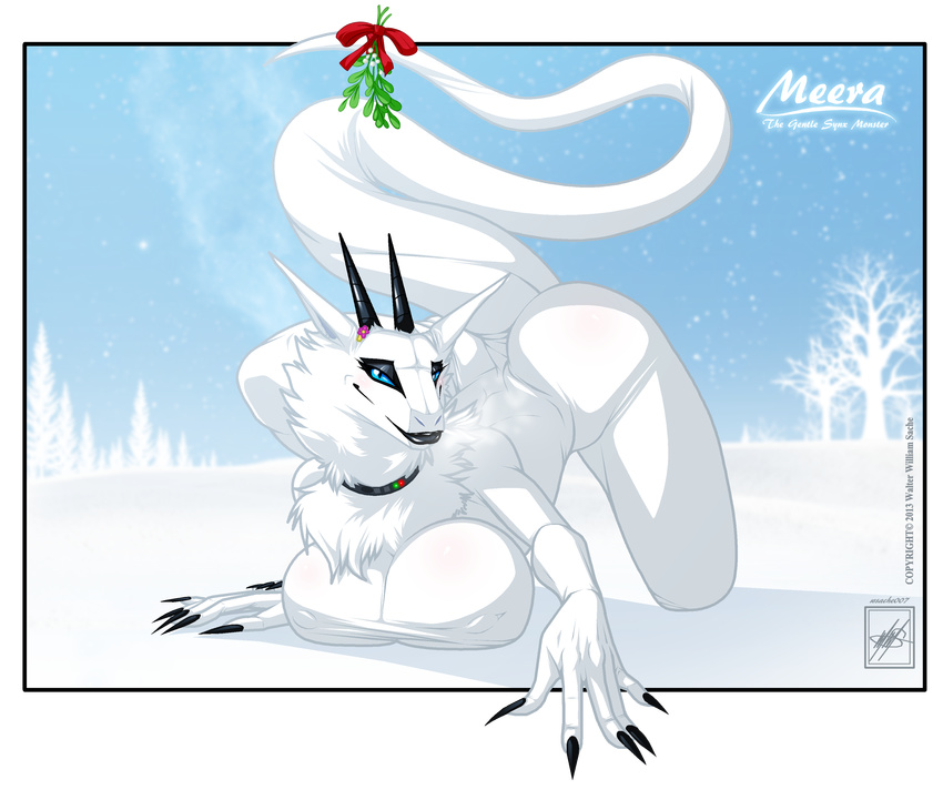 all_fours big_breasts black_lips blue_eyes breasts claws collar female fur hi_res horn lips looking_at_viewer meera mistletoe outside sky smile snow solo synx tree walter_sache white_fur
