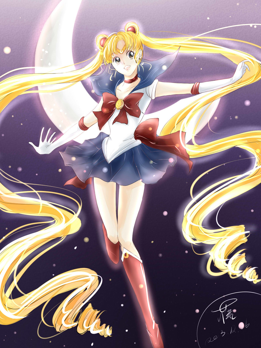 2013 :d back_bow bishoujo_senshi_sailor_moon blonde_hair blue_eyes blue_sailor_collar blue_skirt boots bow choker crescent_moon dated drill_hair elbow_gloves gloves highres knee_boots long_hair moon open_mouth outstretched_arms red_bow red_choker red_footwear sailor_collar sailor_moon sailor_senshi_uniform sakura12140814 signature skirt smile solo spread_arms tsukino_usagi twintails very_long_hair white_gloves