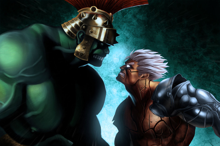 2boys angry asura asura's_wrath asura's_wrath asura_(asura's_wrath) asura_(asura's_wrath) capcom crossover cyber_connect_2 epic faceoff height_difference hulk marvel multiple_boys