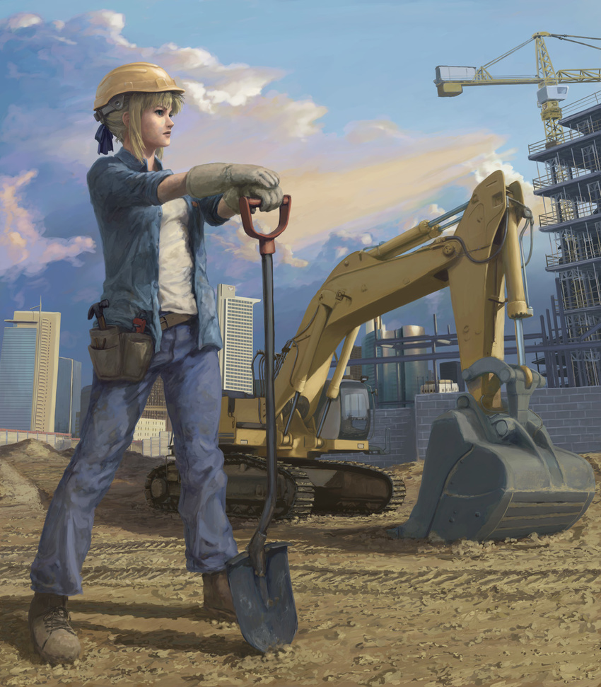 artoria_pendragon_(all) blonde_hair boots caterpillar_tracks cityscape closed_mouth cloud commentary construction construction_site construction_worker crane engrish_commentary evokid excavator fate/stay_night fate_(series) hammer hardhat helmet highres parody pun realistic saber shovel sky sleeves_rolled_up solo