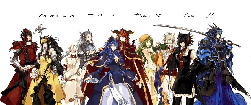 6+girls absurdres animal armor bandages black_hair blue_hair chain cloak dragon dress drill_hair eyepatch flower garters gauntlets gold_rathian green_hair hat helmet highres hits holding_hands horns khezu kushala_daora lao-shan_lung long_hair lunastra monster_hunter multiple_boys multiple_girls nargacuga necktie ootachi personification rathalos rathian red_hair ribbon sarashi silver_rathalos starshadowmagician sword teostra thighhighs tigrex topless weapon wrist_cuffs wyvern yama_tsukami