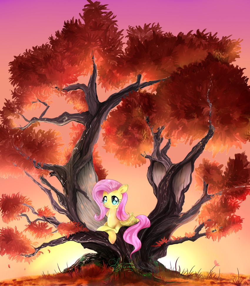 blue_eyes broken_tree cutie_mark daughter-of-fantasy equine female fluttershy_(mlp) friendship_is_magic grass hair horse lying mammal my_little_pony outside pegasus pink_hair pony sky solo tree wings