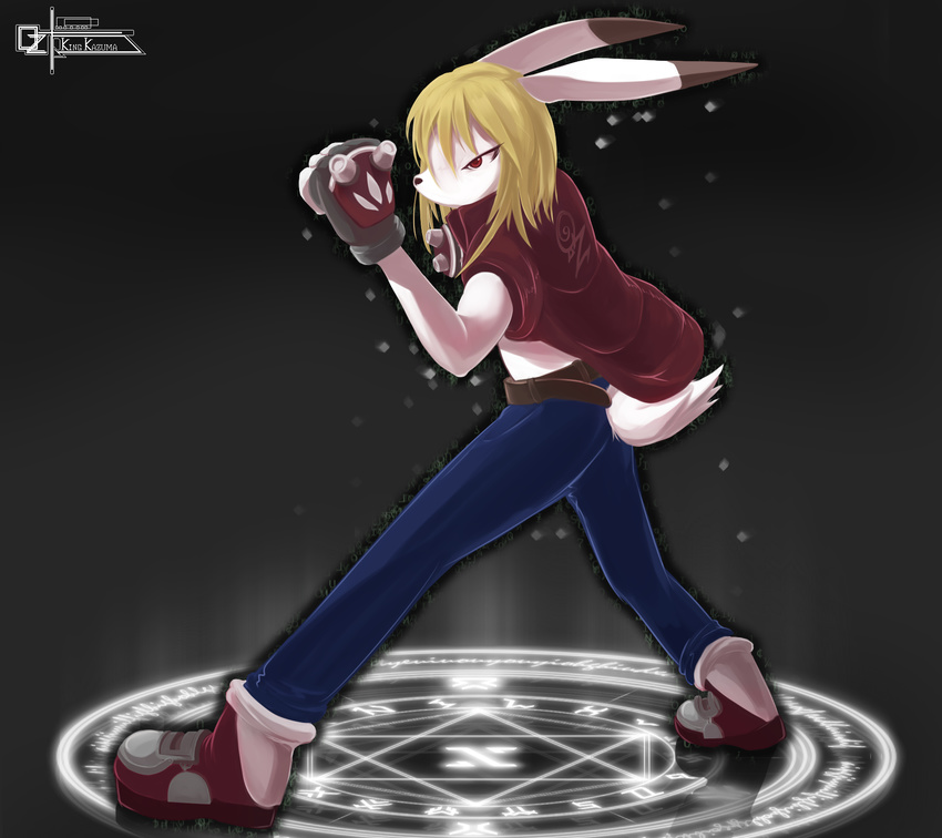 blonde_hair chilon clothing gloves hair king_kazuma lagomorph long_ears magic_circle male mammal pentagram plain_background rabbit red_eyes solo summer_wars