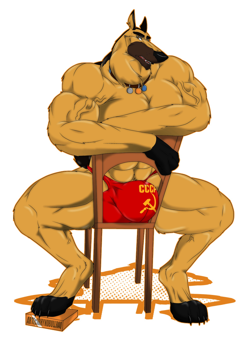 alpha_channel anthro anthrofied barefoot biceps big_muscles black_claws brown_eyes bulge canine chair claws collar crossed_arms dog fangs german_shepherd kazbek looking_at_viewer male mammal muscles open_mouth paws pecs plain_background pose rhynobullraq russian sitting solo soviet space_dogs teeth toe_claws toned topless transparent_background ussr vein