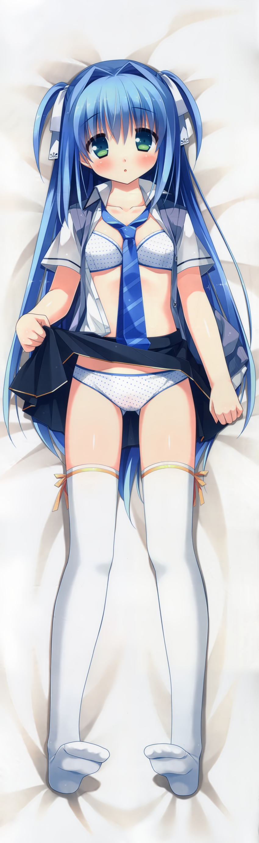 :o absurdres blue_hair blush bra breasts dakimakura full_body green_eyes hair_intakes highres kanekiyo_miwa kurano_ema kurano_kun_chi_no_futago_jijou legs necktie open_clothes open_shirt panties polka_dot polka_dot_bra polka_dot_panties scan school_uniform shirt skirt skirt_lift small_breasts solo thighhighs two_side_up underwear white_bra white_legwear white_panties