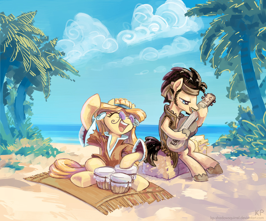 beach black_hair blue_eyes bongo bottomless clothing equine eyewear female flax_seed_(mlp) friendship_is_magic fur glasses guitar hair happy hippie horse jacket karol_pawlinski male mammal music my_little_pony orange_hair outside pony sea seaside shirt tree water wheat_grass_(mlp) yellow_fur