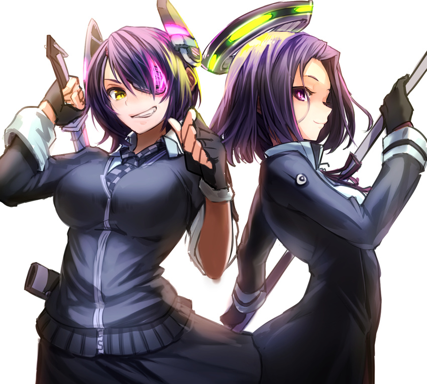 breasts chirigami-san grin highres kantai_collection large_breasts looking_at_viewer mechanical_halo multiple_girls purple_eyes purple_hair short_hair simple_background smile tatsuta_(kantai_collection) tenryuu_(kantai_collection) white_background yellow_eyes