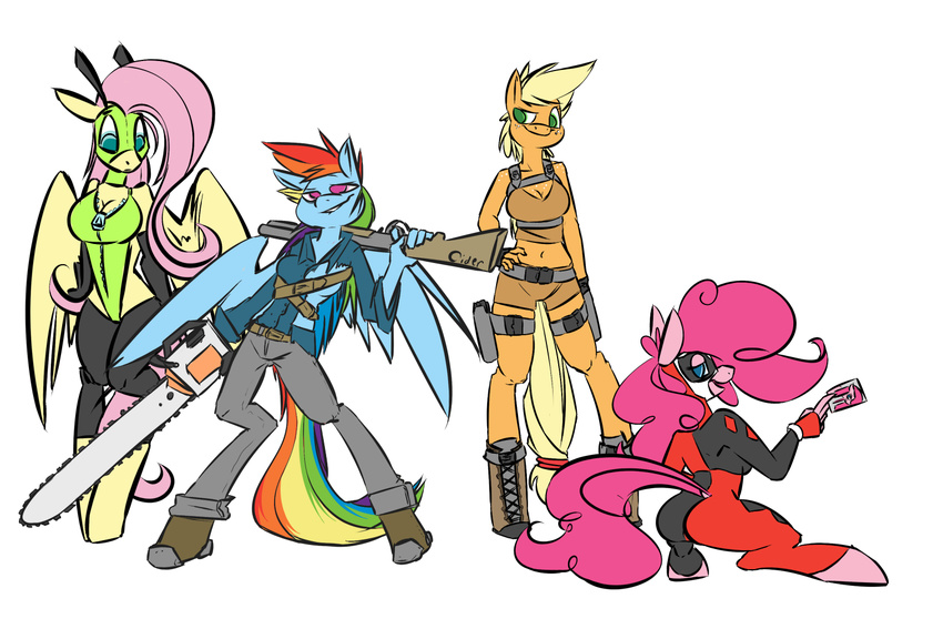 anthro anthrofied applejack_(mlp) ash_housewares ash_williams bandolier belt blonde_hair blue_eyes boots breasts card chainsaw cider cleavage clothed clothing cosplay costume equine female fingerless_gloves fluttershy_(mlp) freckles friendship_is_magic frumplechuck gir gloves green_eyes group gun hair harley_quinn holster horse lara_croft mammal mask my_little_pony pegasus pink_hair pinkie_pie_(mlp) plain_background pony purple_eyes rainbow_dash_(mlp) ranged_weapon shorts shotgun sitting tomb_raider weapon white_background wings