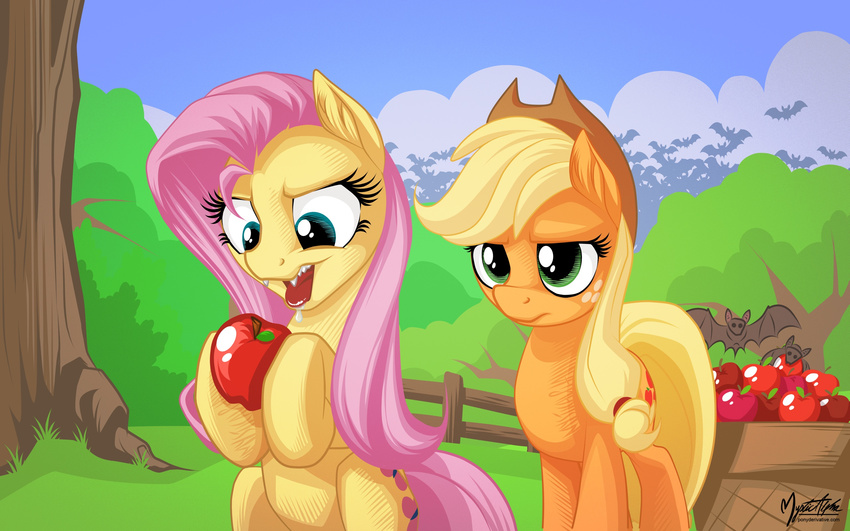 apple applejack_(mlp) bat bats blonde_hair blue_eyes bush cowboy_hat cutie_mark drooling duo equine fangs female fence flutterbat_(mlp) fluttershy_(mlp) flying freckles friendship_is_magic fruit fruit_bat grass green_eyes hair hat horse mammal my_little_pony mysticalpha outside pink_hair pony saliva sharp_teeth teeth tree vampire vampire_bat