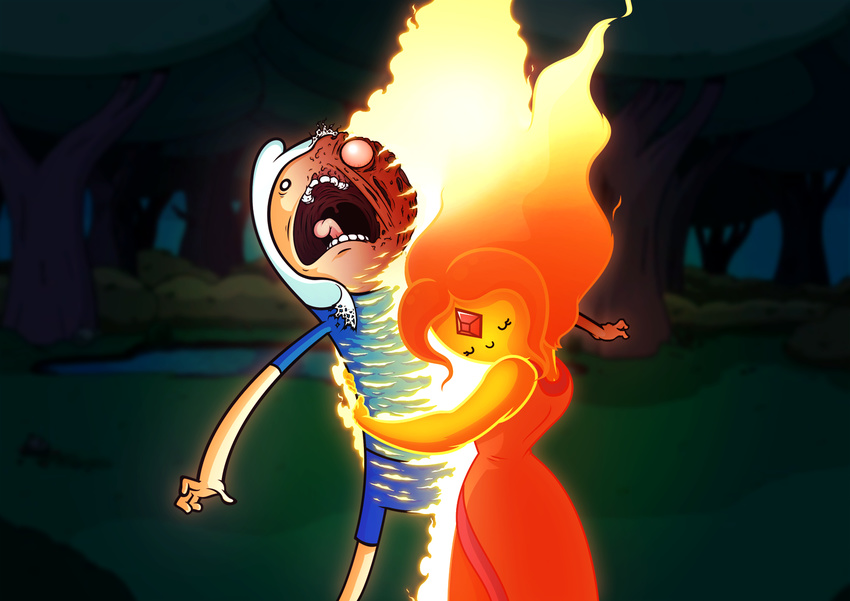 burn burning clothed clothing duo eyes_closed female finn_the_human fire flame_princess flames flaming_hair forest gem hair hat hug human jewel male mammal melted_skin misterdavey nightmare_fuel on_fire open_mouth princess red_hair royalty smile teeth tongue tongue_out tree