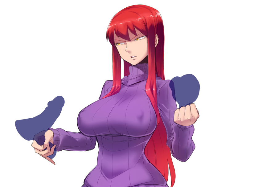 bad_id bad_pixiv_id bdsm biriri-ane_(space_jin) breasts breasts_outside covered_nipples crushing disembodied_penis femdom impossible_clothes impossible_sweater large_breasts long_hair multiple_penises original pain penis pinky_out red_hair ribbed_sweater sidelocks solo space_jin squeezing_testicles sweater textless trembling tsurime turtleneck white_background yellow_eyes