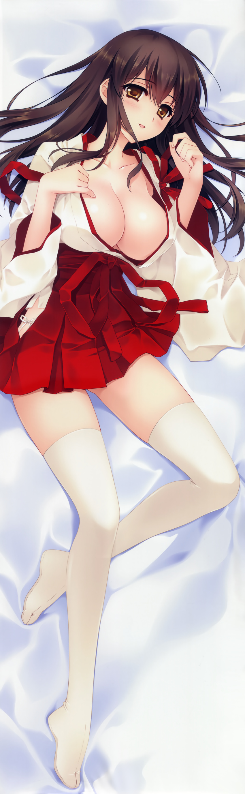 :d absurdres akagi_(kantai_collection) bed bed_sheet blush breasts brown_eyes brown_hair carnelian cleavage collarbone dakimakura from_above full_body groin hakama_skirt highres huge_filesize japanese_clothes kantai_collection large_breasts legs long_hair looking_at_viewer midriff navel no_shoes on_bed open_mouth parted_lips skindentation skirt smile solo tabi tasuki thighhighs white_legwear zettai_ryouiki