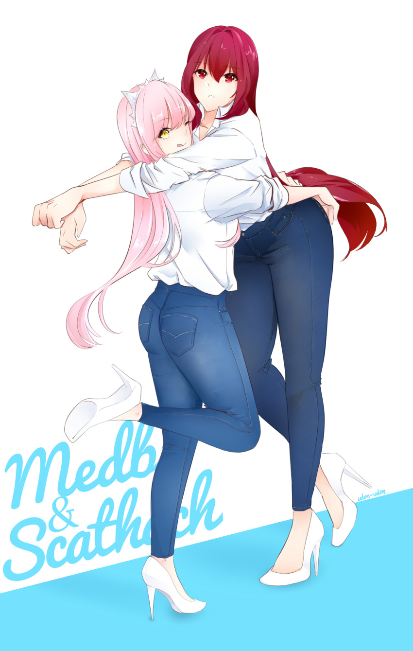 2girls ;p artist_name ass blue_background breasts character_name denim dress_shirt eyebrows_visible_through_hair fate/grand_order fate_(series) heels height_difference high_heels highres hips hug jeans leg_up legs long_hair long_sleeves looking_at_viewer medb_(fate)_(all) medb_(fate/grand_order) medium_breasts multiple_girls one_eye_closed pants pink_hair purple_hair red_eyes scathach_(fate)_(all) scathach_(fate/grand_order) shirt sidelocks sleeves_rolled_up thick_thughs thighs tongue tongue_out two-tone_background udon-udon white_background white_shirt wide_hips yellow_eyes yuri