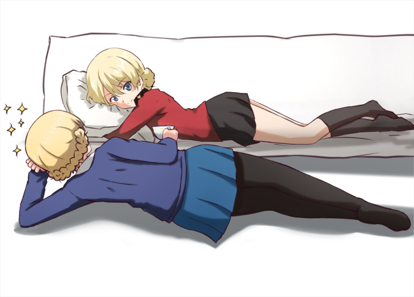 1girl black_legwear black_skirt blonde_hair blue_eyes blue_skirt blue_sweater braid closed_mouth commentary cup dakimakura darjeeling dress_shirt epaulettes eyebrows_visible_through_hair facing_away from_below girls_und_panzer head_rest highres holding holding_cup jacket light_blush long_sleeves looking_at_viewer lying meta military military_uniform miniskirt narcissism no_shoes omachi_(slabco) on_side on_stomach pantyhose pillow pillow_hug pleated_skirt red_jacket school_uniform shadow shirt skirt smile socks solo sparkle st._gloriana's_military_uniform st._gloriana's_school_uniform sweater tied_hair twin_braids uniform white_shirt