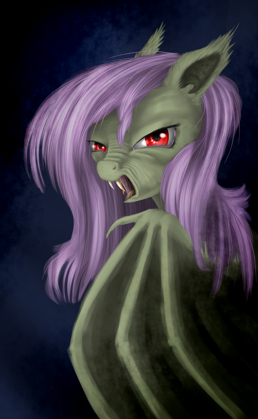 bat_wings equine fangs female feral flutterbat_(mlp) fluttershy_(mlp) friendship_is_magic fur hair horse long_hair looking_at_viewer mammal my_little_pony open_mouth pegasus pink_hair pony red_eyes solo teeth tongue wings wolframclaws yellow_fur