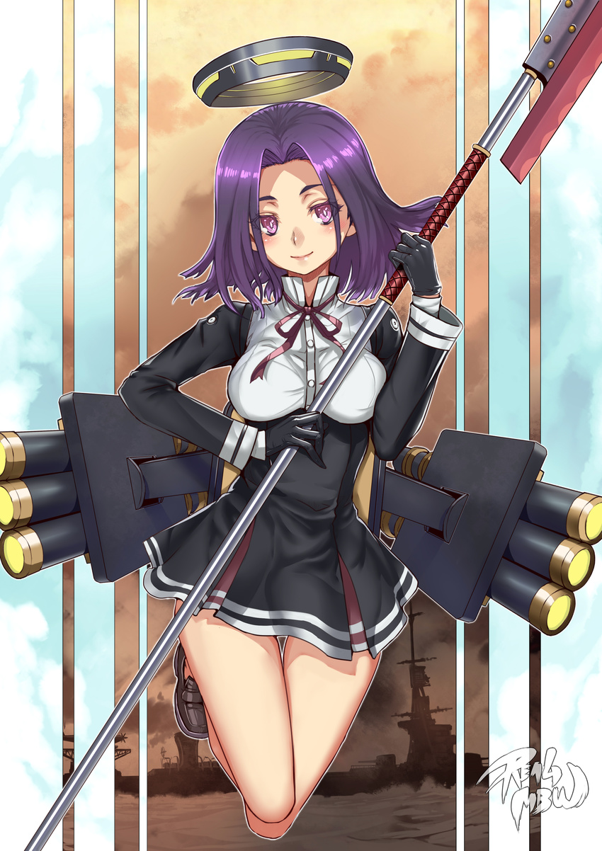 absurdres artist_name bangs black_gloves dress full_body glaive gloves highres kantai_collection lips loafers mechanical_halo parted_bangs polearm purple_eyes purple_hair realmbw shoes smile solo tatsuta_(kantai_collection) weapon
