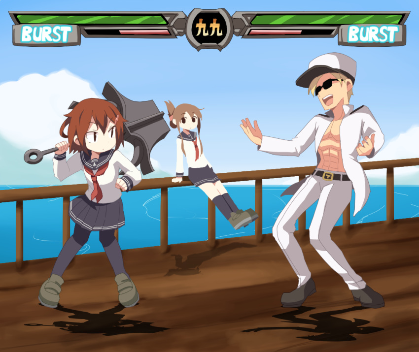 1boy 2girls admiral_(kantai_collection) anchor bangs black_eyes black_legwear blonde_hair brown_hair closed_mouth cloud crossover dokan_(dkn) eyebrows_visible_through_hair fighting_game fighting_stance guilty_gear hair_between_eyes hair_ornament hairclip hat health_bar holding holding_anchor holding_weapon ikazuchi_(kantai_collection) inazuma_(kantai_collection) jacket johnny_(guilty_gear) johnny_sfondi kantai_collection may_(guilty_gear) multiple_girls ocean open_clothes open_mouth outdoors pants parody red_neckwear sailor_collar school_uniform serafuku shadow shoes short_hair skirt socks standing sunglasses teeth uniform video_game weapon