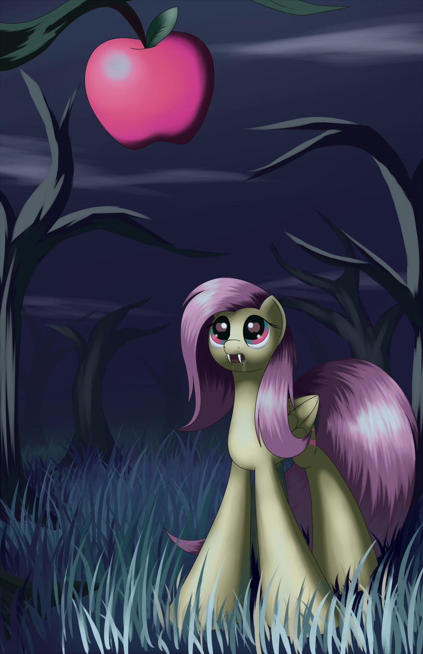 bat_pony cutie_mark drooling equine fangs female feral flutterbat_(mlp) fluttershy_(mlp) forest friendship_is_magic fruit fur grass green_eyes grennadder hair horse long_hair mammal my_little_pony night open_mouth outside pegasus pink_hair pony saliva sky solo standing teeth tongue transformation tree wings yellow_fur