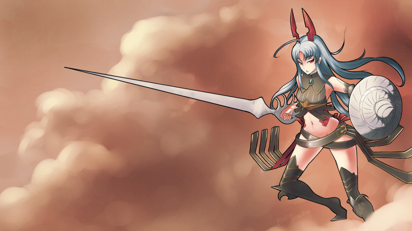 ahoge aliasse artist_name belt beltskirt boots breasts cloud highres horns huge_ahoge kuso_otoko lance long_hair midriff navel no_panties polearm red_eyes senjou_no_valkyria senjou_no_valkyria_2 shield silver_hair small_breasts solo thigh_boots thighhighs weapon