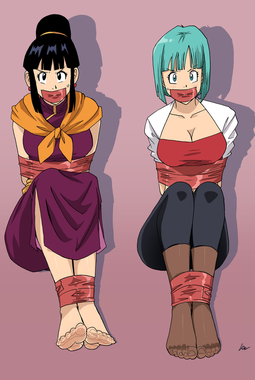 bdsm bondage bound bulma chi-chi chi-chi_(dragon_ball) chichi dragon_ball dragonball_z feet foot gag highres improvised_gag lost1zero pantyhose tape tape_gag tied tied_up you_gonna_get_raped