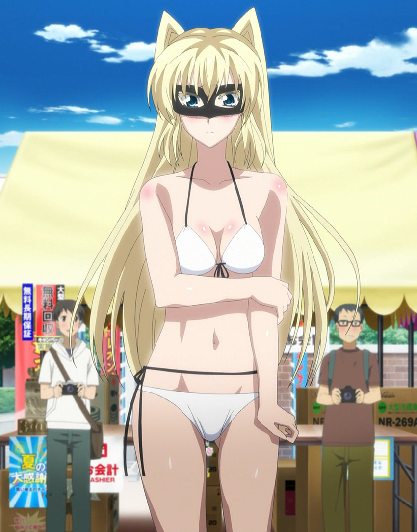 1girl 2boys airi_altinate bikini blonde_hair blue_eyes blush breasts camera cleavage cloud digital_camera long_hair mask multiple_boys screencap sky swimsuit very_long_hair yuusha_ni_narenakatta_ore_wa_shibushibu_shuushoku_wo_ketsui_shimashita.