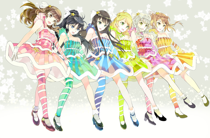 6+girls :d ahoge antenna_hair bangs bare_shoulders black_hair blonde_hair bloomers blue_eyes bobby_socks breasts brown_eyes brown_hair change_2_my_color choker cleavage crossed_legs detached_sleeves dress floating_hair frills full_body ganaha_hibiki gloves gradient green_eyes grey_background hair_intakes hair_ornament hair_ribbon happy high_heels high_ponytail highres hoshii_miki houjou_karen idolmaster idolmaster_(classic) idolmaster_cinderella_girls jewelry kamiya_nao lineup long_hair looking_down medium_breasts multiple_girls open_mouth ponytail ribbon shibuya_rin shijou_takane shoes short_dress silver_hair single_thighhigh smile socks standing star star_hair_ornament starry_background striped striped_legwear swept_bangs thighhighs twintails underwear vertical-striped_dress vertical_stripes white_gloves yellow_eyes