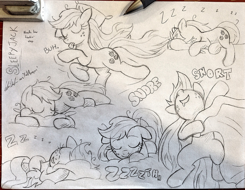 applejack_(mlp) bed bed_head black_and_white blanket cutie_mark drooling english_text equine eyes_closed female freckles friendship_is_magic horse lying mammal messy_hair monochrome my_little_pony pillow pony redapropos saliva sketch sleeping text zzz