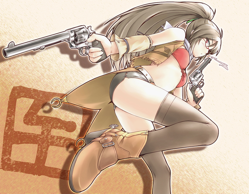 bare_shoulders bikini_top black_legwear blowing_smoke blush boots bra brown_eyes brown_hair character_request cocked_hammer colt_saa detached_sleeves doku_hebi dual_wielding fingernails foreshortening fringe_trim from_below glasses gun handgun holding legs long_fingernails long_hair long_legs looking_at_viewer midriff original red-framed_eyewear revolver short_shorts shorts smoke smoking_gun solo spurs thighhighs trigger_discipline underwear vest weapon