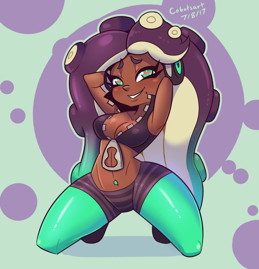 animal_humanoid beauty_mark breasts cephalopod cephalopod_humanoid cleavage clothed clothing cobat dark_skin female hair half-closed_eyes headphones hi_res humanoid marina_(splatoon) marine midriff navel navel_piercing nintendo octoling open_mouth piercing simple_background smile solo splatoon suction_cup tentacle_hair tentacles video_games