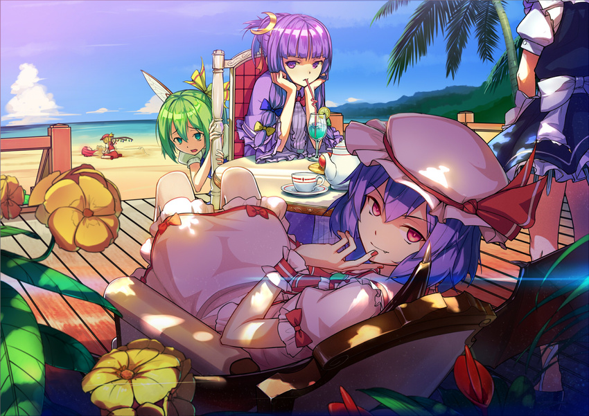 apron arm_support bat_wings beach blue_dress blue_hair blue_sky burrowing chair cloud crescent cup daiyousei day dress drinking_straw fairy_wings fang flandre_scarlet flower food fruit green_eyes green_hair hair_ornament hair_up hat hat_ribbon hiding holster hong_meiling izayoi_sakuya jinyuan712 knife lemon lemon_slice looking_at_viewer looking_back maid multiple_girls ocean open_mouth outdoors palm_tree patchouli_knowledge pink_dress pink_eyes puffy_sleeves purple_dress purple_eyes purple_hair red_hair remilia_scarlet ribbon sash shirt short_sleeves side_ponytail sitting skirt skirt_set sky smile striped striped_dress table teacup teapot thigh_holster touhou tree tropical_drink vest waist_apron wariza water wings wrist_cuffs