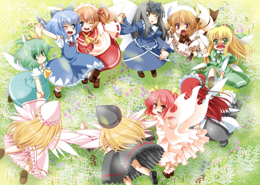 :p ankle_socks apron arm_holding asymmetrical_hair black_hair blonde_hair blue_eyes blue_hair blush brown_eyes cheek-to-cheek chestnut_mouth cirno commentary_request daiyousei dress drill_hair eiyuu_(eiyuu04) fairy_maid fairy_wings field flower flower_field flying full-face_blush grass green_eyes green_hair hair_ribbon hat headdress highres holding_hands ice ice_wings interlocked_fingers juliet_sleeves leg_up lily_black lily_white long_hair long_sleeves looking_at_another looking_at_viewer luna_child maid_headdress multiple_girls nameless_fairy no_socks obi one_eye_closed orange_hair pink_hair puffy_sleeves red_eyes red_hair ribbon sash shoes short_hair short_sleeves side_ponytail skirt skirt_set smile star_sapphire sunflower_fairy sunny_milk tears tongue tongue_out touhou twin_drills twintails waist_apron wavy_mouth wings